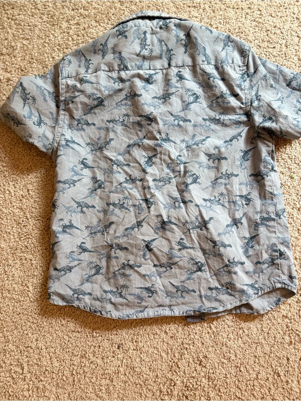 Light Blue Short-Sleeve Button Shirt with Navy Dino Print
